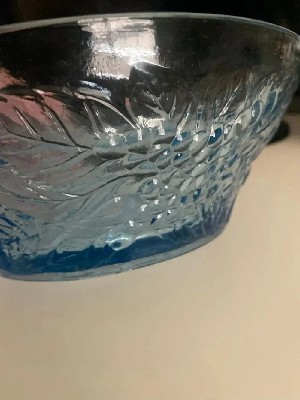 Blue Pressed Glass Serving Bowl Embossed Floral Pattern Decorative Dish vintage